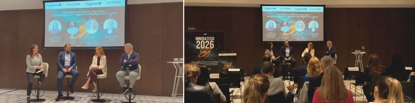 Panel de discusión en Innovatech 2026 sobre la experiencia de cliente aumentada y la nueva fidelización con IA, con Laia Consost de The Client Group moderando y varios expertos en el escenario